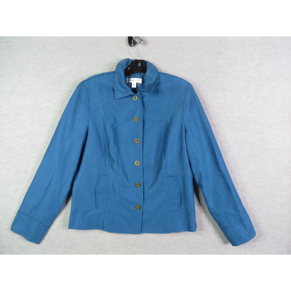 Coldwater Creek Women Jacket 10 Blue Longsleeve Button Embroidered Blazer Career